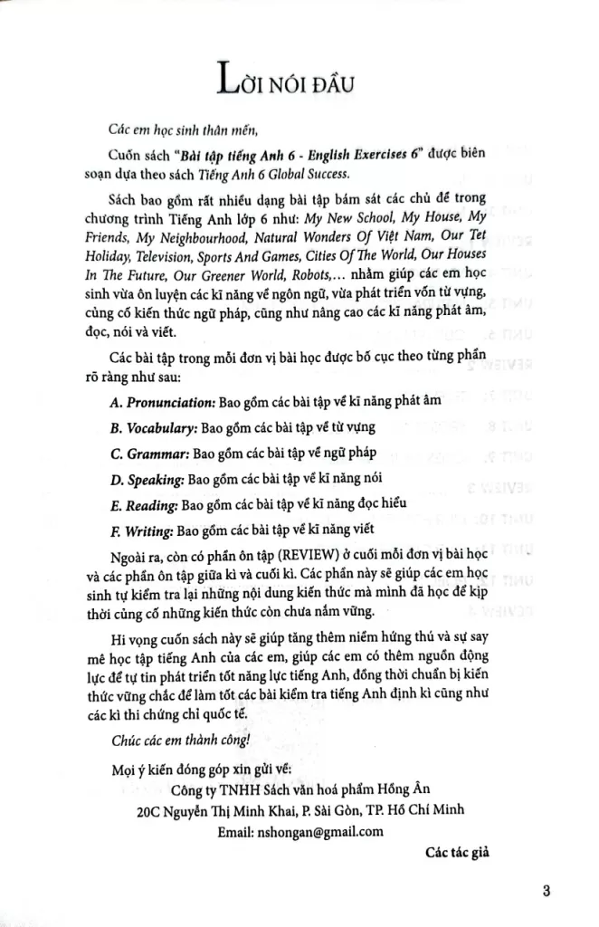 BÀI TẬP TIẾNG ANH LỚP 6 - ENGLISH EXERCISES 6 (Dùng kèm SGK Tiếng Anh 6 Global Success)